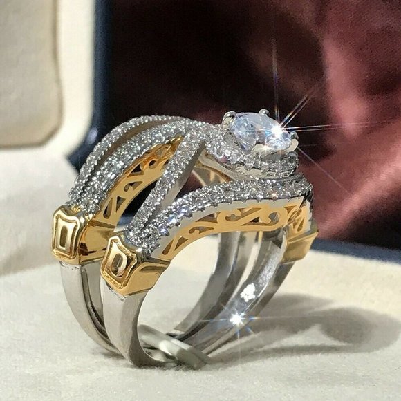 Luxury Two Tone 925 Silver White Sapphire Ring - Picture 2 of 7